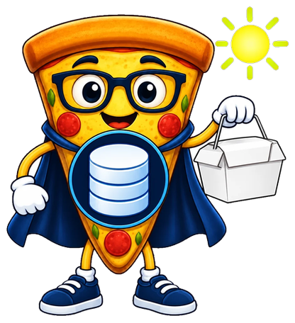 dbSlice mascot as an analyst, carrying a take-away box as the morning sun rises