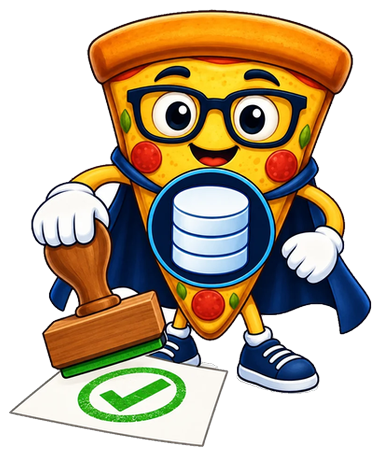 dbSlice mascot as a data engineer, stamping a green check mark on a sheet of paper