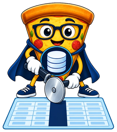 dbSlice mascot as a DBA, slicing a table with a pizza cutter while one column is masked