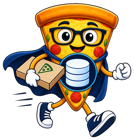 dbSlice mascot as a developer, walking with a pizza box under one arm