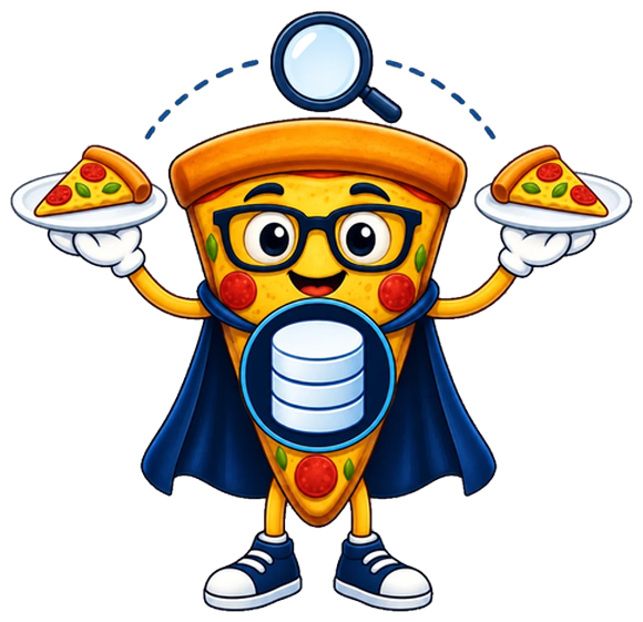 dbSlice mascot as a migration lead, comparing two identical plates with a magnifying glass