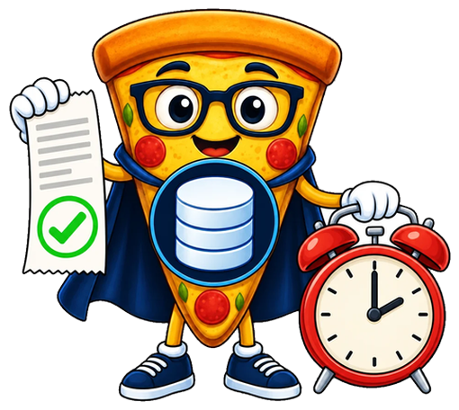 dbSlice mascot as an SRE, next to an alarm clock at two o'clock, holding a receipt with a green check