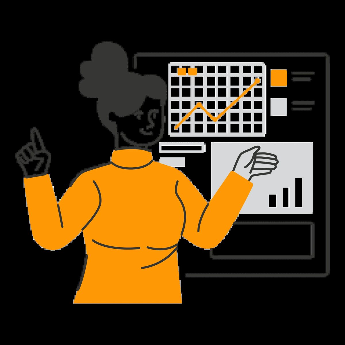 An analyst reviewing a grid of data and a trend line, checking two sets of numbers against each other.
