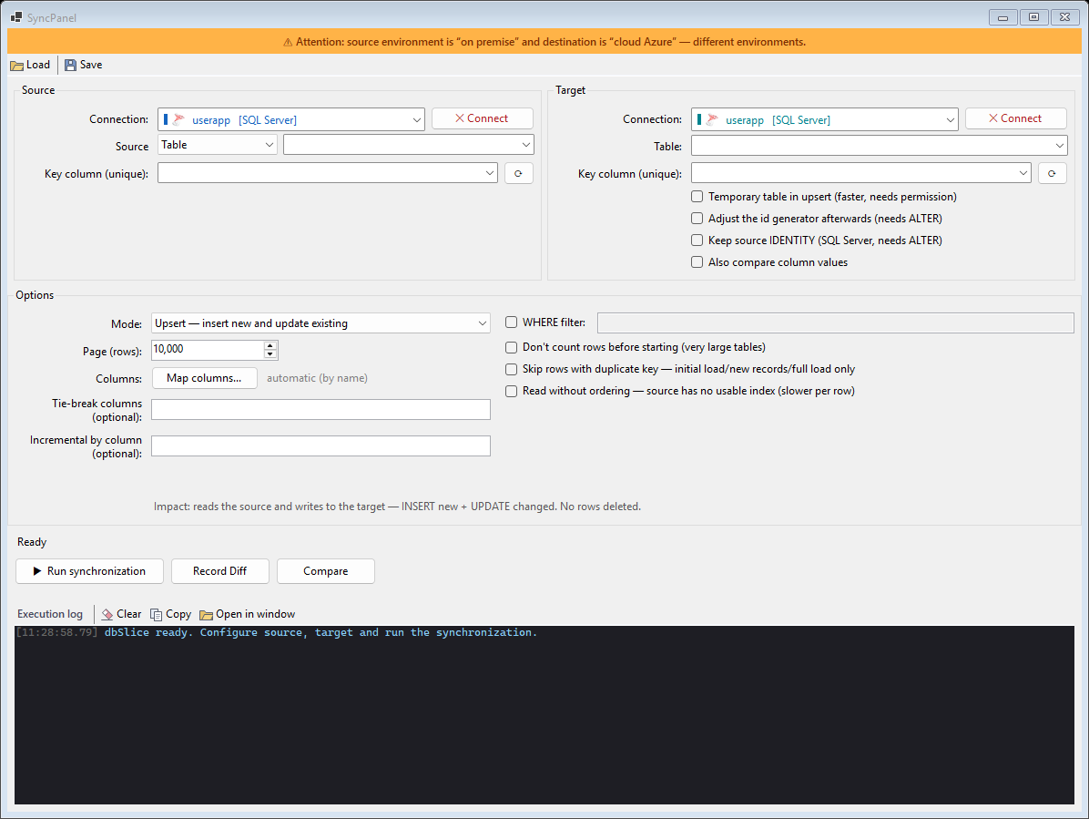 The dbSlice Synchronize screen: source and target connections, key column and sync options.