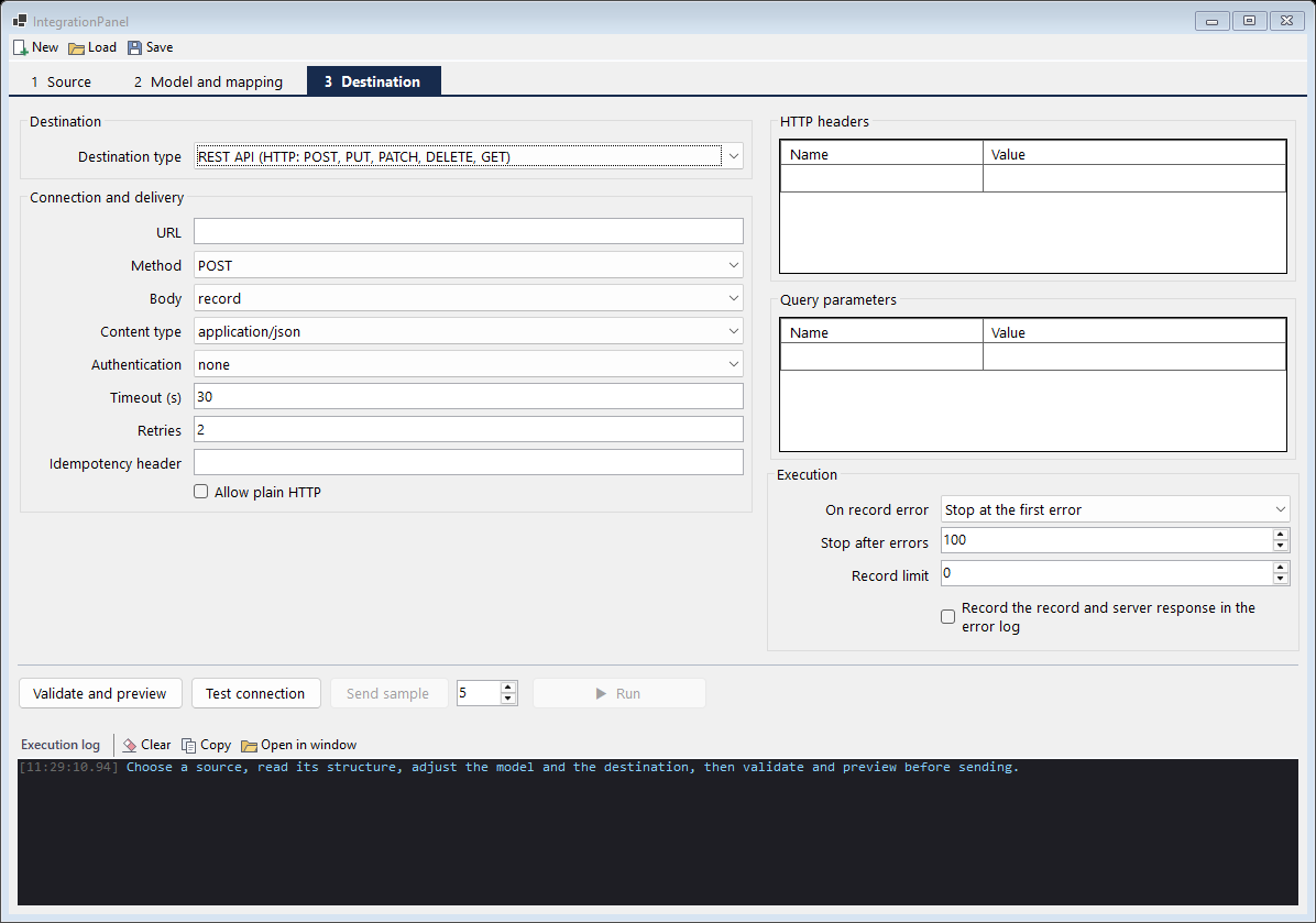 The dbSlice Send Data screen with a REST destination: source query, field mapping and preview.