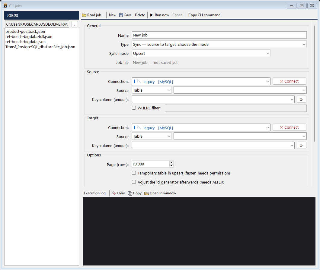 The dbSlice Jobs screen: a saved job with its source, target, key column and options.